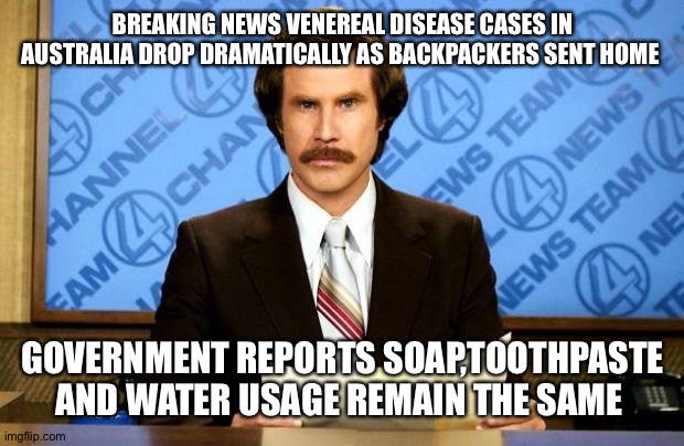 BREAKING NEWS | BREAKING NEWS VENEREAL DISEASE CASES IN AUSTRALIA DROP DRAMATICALLY AS BACKPACKERS SENT HOME; GOVERNMENT REPORTS SOAP,TOOTHPASTE AND WATER USAGE REMAIN THE SAME | image tagged in breaking news | made w/ Imgflip meme maker