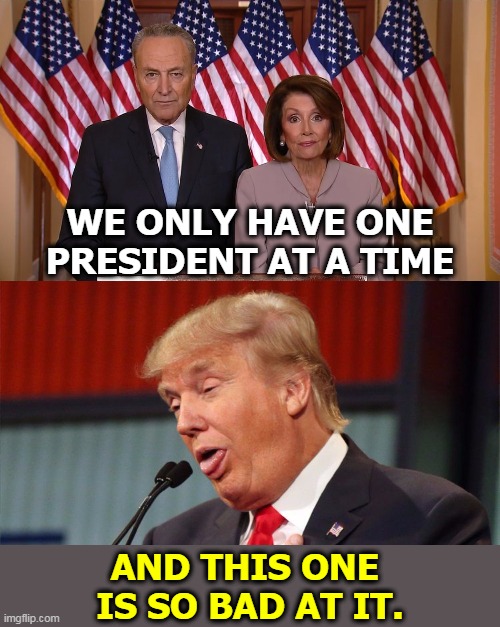Tens of thousands of Americans will die unnecessarily because Trump has no idea what he's doing. He's a f*cking moron. | WE ONLY HAVE ONE PRESIDENT AT A TIME; AND THIS ONE 
IS SO BAD AT IT. | image tagged in trump stupid face mocking reporter,chuck and nancy,trump,incompetence,coronavirus,covid-19 | made w/ Imgflip meme maker