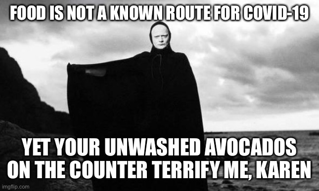 Bergman's death from Seventh Seal | FOOD IS NOT A KNOWN ROUTE FOR COVID-19; YET YOUR UNWASHED AVOCADOS ON THE COUNTER TERRIFY ME, KAREN | image tagged in bergman's death from seventh seal | made w/ Imgflip meme maker