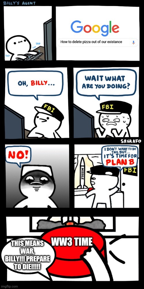Billy’s FBI agent plan B | How to delete pizza out of our existance; THIS MEANS WAR, BILLY!!! PREPARE TO DIE!!!!! WW3 TIME | image tagged in billys fbi agent plan b | made w/ Imgflip meme maker