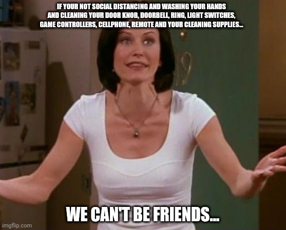 Monica Friends | IF YOUR NOT SOCIAL DISTANCING AND WASHING YOUR HANDS AND CLEANING YOUR DOOR KNOB, DOORBELL, RING, LIGHT SWITCHES, GAME CONTROLLERS, CELLPHONE, REMOTE AND YOUR CLEANING SUPPLIES... WE CAN'T BE FRIENDS... | image tagged in monica friends | made w/ Imgflip meme maker