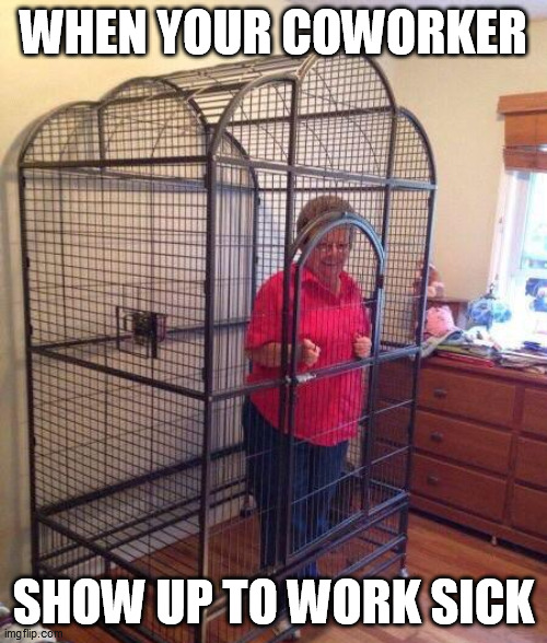 Granny in cage | WHEN YOUR COWORKER; SHOW UP TO WORK SICK | image tagged in granny in cage | made w/ Imgflip meme maker