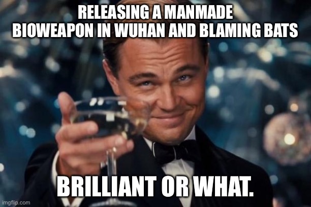 Leonardo Dicaprio Cheers | RELEASING A MANMADE BIOWEAPON IN WUHAN AND BLAMING BATS; BRILLIANT OR WHAT. | image tagged in memes,leonardo dicaprio cheers | made w/ Imgflip meme maker