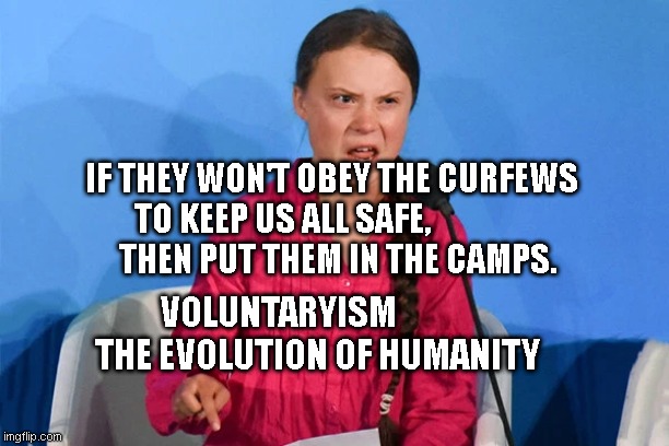 Greta | IF THEY WON'T OBEY THE CURFEWS TO KEEP US ALL SAFE,               
   THEN PUT THEM IN THE CAMPS. VOLUNTARYISM             THE EVOLUTION OF HUMANITY | image tagged in greta | made w/ Imgflip meme maker