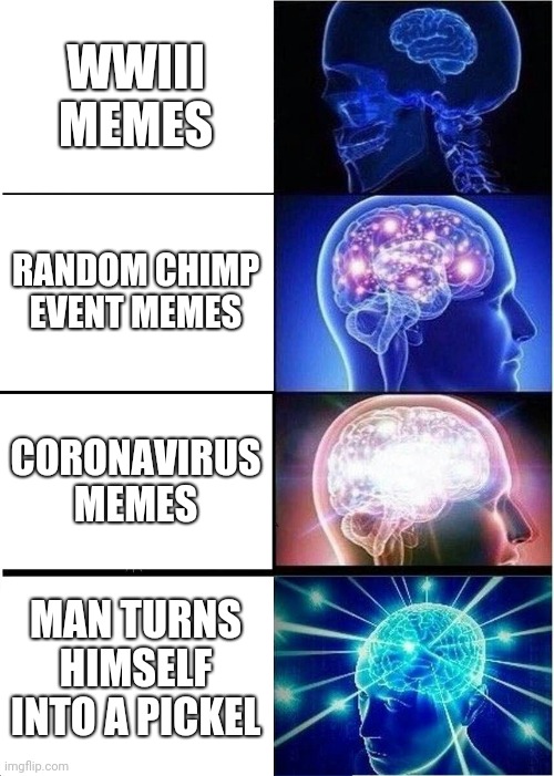 Expanding Brain | WWIII MEMES; RANDOM CHIMP EVENT MEMES; CORONAVIRUS MEMES; MAN TURNS HIMSELF INTO A PICKEL | image tagged in memes,expanding brain | made w/ Imgflip meme maker