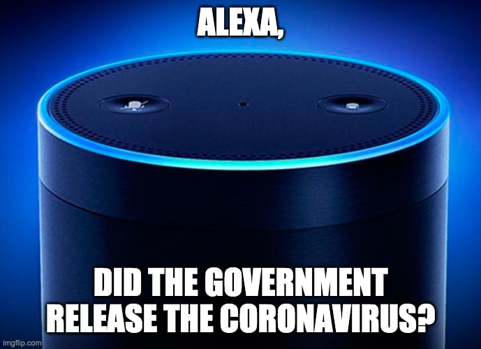 Alexa | ALEXA, DID THE GOVERNMENT RELEASE THE CORONAVIRUS? | image tagged in alexa | made w/ Imgflip meme maker