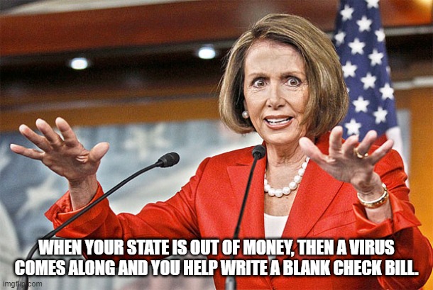 Nancy Pelosi is crazy | WHEN YOUR STATE IS OUT OF MONEY, THEN A VIRUS COMES ALONG AND YOU HELP WRITE A BLANK CHECK BILL. | image tagged in nancy pelosi is crazy | made w/ Imgflip meme maker
