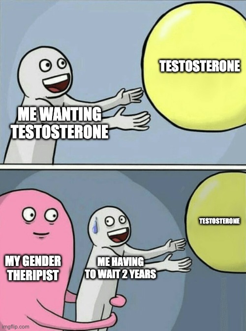 Running Away Balloon | TESTOSTERONE; ME WANTING TESTOSTERONE; TESTOSTERONE; MY GENDER THERIPIST; ME HAVING TO WAIT 2 YEARS | image tagged in memes,running away balloon | made w/ Imgflip meme maker