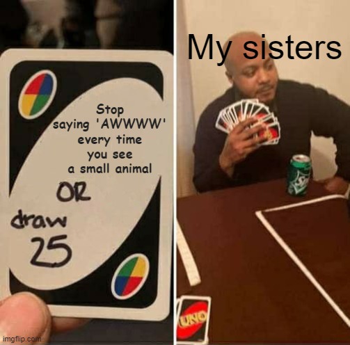 Seriously though. they don't stop! | My sisters; Stop saying 'AWWWW' every time you see a small animal | image tagged in memes,uno draw 25 cards,animal memes,awww,cute animals,small animal | made w/ Imgflip meme maker