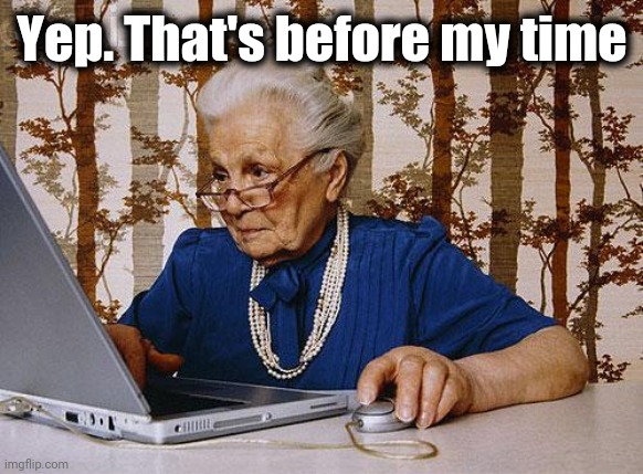 Old woman at pc | Yep. That's before my time | image tagged in old woman at pc | made w/ Imgflip meme maker