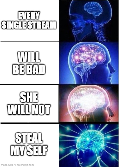 Expanding Brain Meme | EVERY SINGLE STREAM; WILL BE BAD; SHE WILL NOT; STEAL MY SELF | image tagged in memes,expanding brain | made w/ Imgflip meme maker