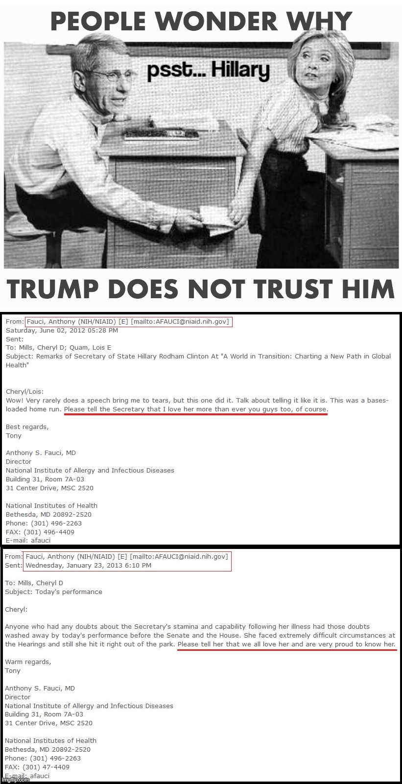Fauci's in love | PEOPLE WONDER WHY; TRUMP DOES NOT TRUST HIM | image tagged in hillary clinton,tony fauci | made w/ Imgflip meme maker