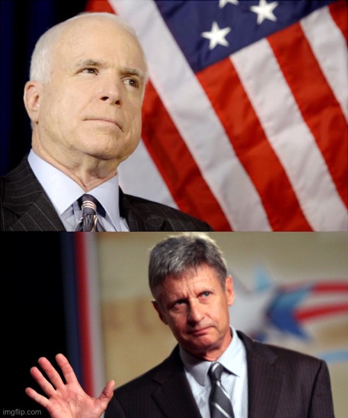 Actual footage of the only two presidential candidates I have ever voted for in a general election. Shocked? | image tagged in gary johnson hello over here,john mccain,presidential election,mccain,libertarian | made w/ Imgflip meme maker