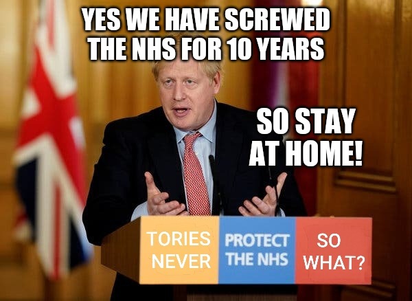 Conservatives screwed the NHS | YES WE HAVE SCREWED THE NHS FOR 10 YEARS; SO STAY AT HOME! | image tagged in coronavirus,covid-19,corona virus,covid19,covid 19 | made w/ Imgflip meme maker