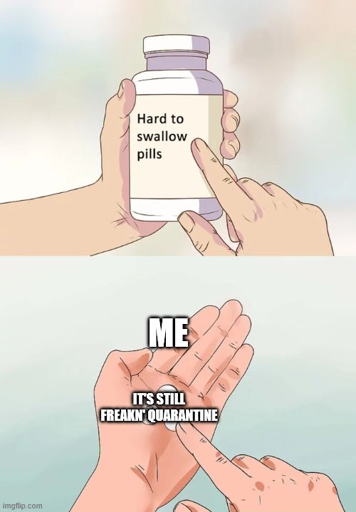 Hard To Swallow Pills | ME; IT'S STILL FREAKN' QUARANTINE | image tagged in memes,hard to swallow pills | made w/ Imgflip meme maker