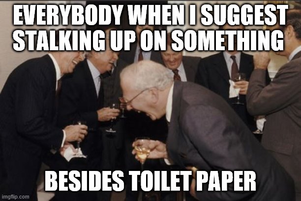 Laughing Men In Suits Meme | EVERYBODY WHEN I SUGGEST STALKING UP ON SOMETHING; BESIDES TOILET PAPER | image tagged in memes,laughing men in suits | made w/ Imgflip meme maker