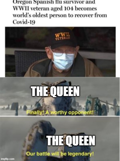 A worthy opponent | THE QUEEN; THE QUEEN | image tagged in finally a worthy opponent,memes,funny,the queen,coronavirus | made w/ Imgflip meme maker
