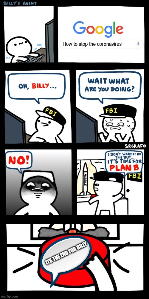 Its the end for Billy | How to stop the coronavirus; ITS THE END FOR BILLY | image tagged in billys fbi agent plan b | made w/ Imgflip meme maker