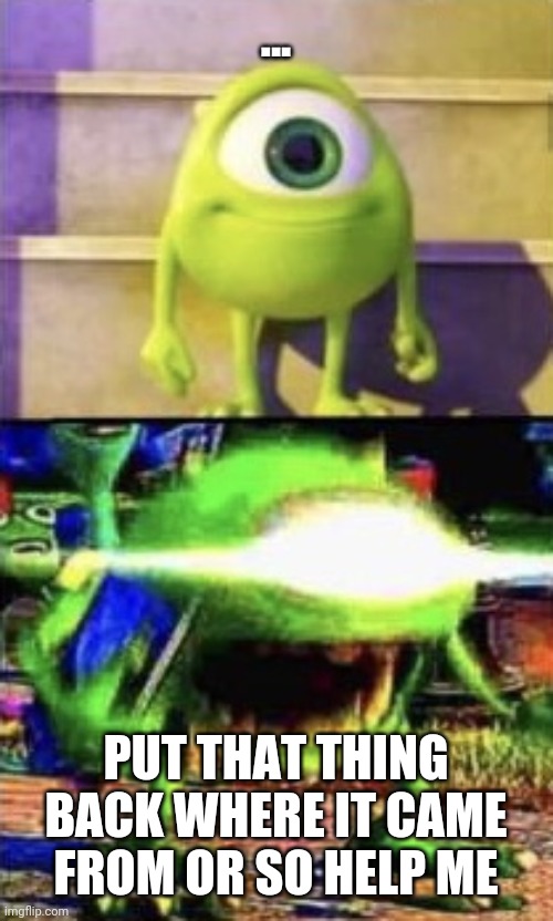Mike wazowski | ... PUT THAT THING BACK WHERE IT CAME FROM OR SO HELP ME | image tagged in mike wazowski | made w/ Imgflip meme maker