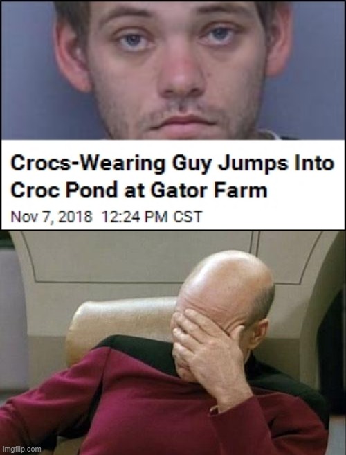 You don't say? | image tagged in memes,captain picard facepalm,bruh,funny,crocs,gators | made w/ Imgflip meme maker