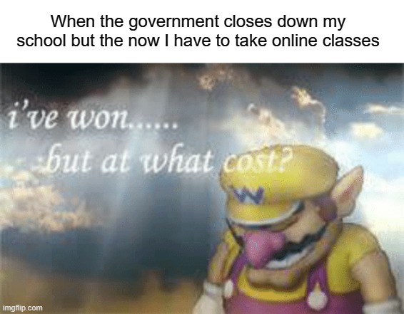Online classes suck | When the government closes down my school but the now I have to take online classes | image tagged in i've won but at what cost,funny,memes,online,class,school | made w/ Imgflip meme maker