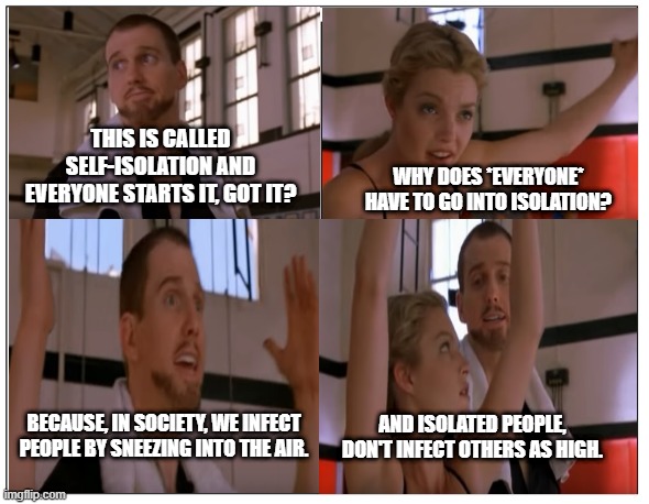 4 Square Grid | WHY DOES *EVERYONE* HAVE TO GO INTO ISOLATION? THIS IS CALLED SELF-ISOLATION AND EVERYONE STARTS IT, GOT IT? BECAUSE, IN SOCIETY, WE INFECT PEOPLE BY SNEEZING INTO THE AIR. AND ISOLATED PEOPLE, DON'T INFECT OTHERS AS HIGH. | image tagged in 4 square grid | made w/ Imgflip meme maker