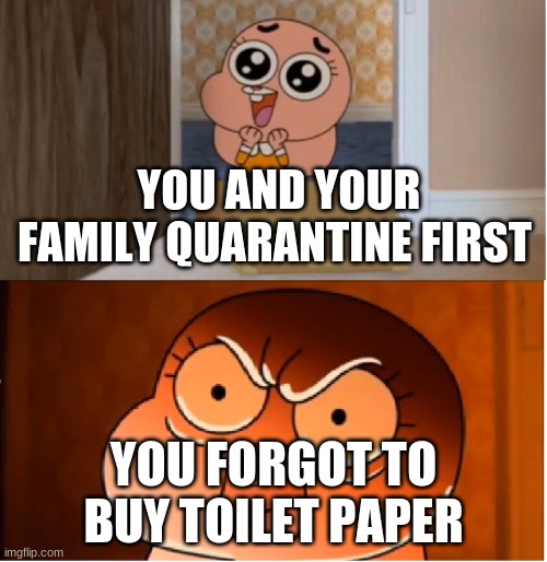 Gumball - Anais False Hope Meme | YOU AND YOUR FAMILY QUARANTINE FIRST; YOU FORGOT TO BUY TOILET PAPER | image tagged in gumball - anais false hope meme | made w/ Imgflip meme maker