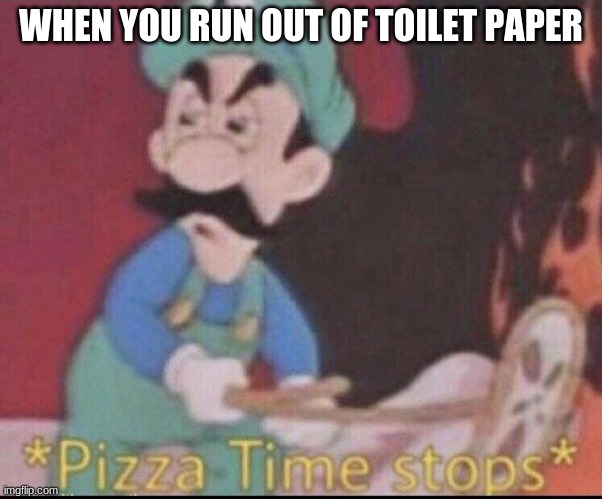 *pizza time stops* | WHEN YOU RUN OUT OF TOILET PAPER | image tagged in pizza time stops | made w/ Imgflip meme maker