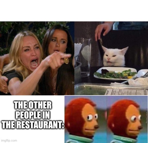 Woman Yelling At Cat Meme | THE OTHER PEOPLE IN THE RESTAURANT: | image tagged in memes,woman yelling at cat | made w/ Imgflip meme maker