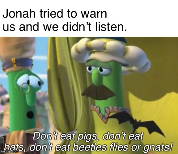 He saw the signs.  He tried to warn us... and now... WE’RE DEAD! |  Jonah tried to warn us and we didn’t listen. Don’t eat pigs, don’t eat bats, don’t eat beetles flies or gnats! | image tagged in bats,coronavirus,covid-19,memes,funny,veggietales | made w/ Imgflip meme maker