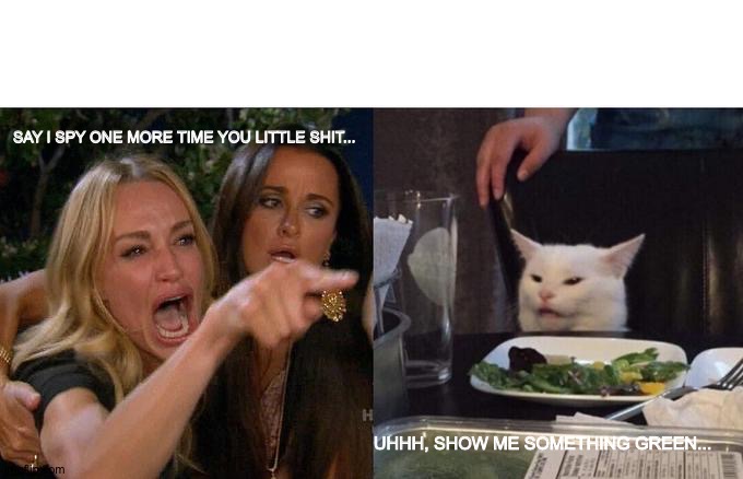 Woman Yelling At Cat Meme | SAY I SPY ONE MORE TIME YOU LITTLE SHIT... UHHH, SHOW ME SOMETHING GREEN... | image tagged in memes,woman yelling at cat | made w/ Imgflip meme maker