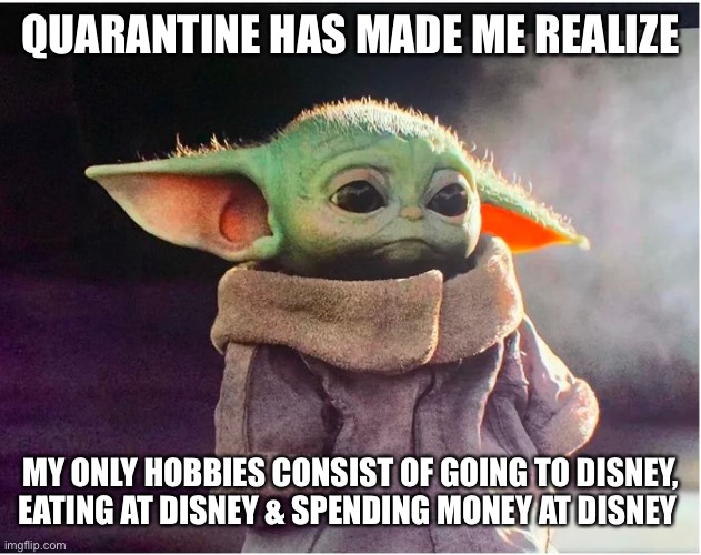 Sad Baby Yoda | QUARANTINE HAS MADE ME REALIZE; MY ONLY HOBBIES CONSIST OF GOING TO DISNEY, EATING AT DISNEY & SPENDING MONEY AT DISNEY | image tagged in sad baby yoda | made w/ Imgflip meme maker