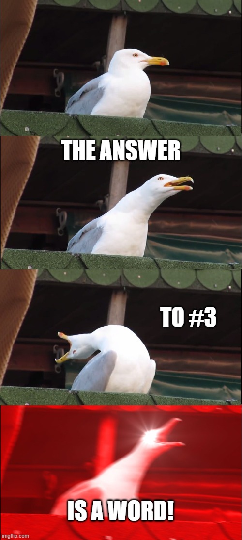 Inhaling Seagull Meme | THE ANSWER; TO #3; IS A WORD! | image tagged in memes,inhaling seagull | made w/ Imgflip meme maker