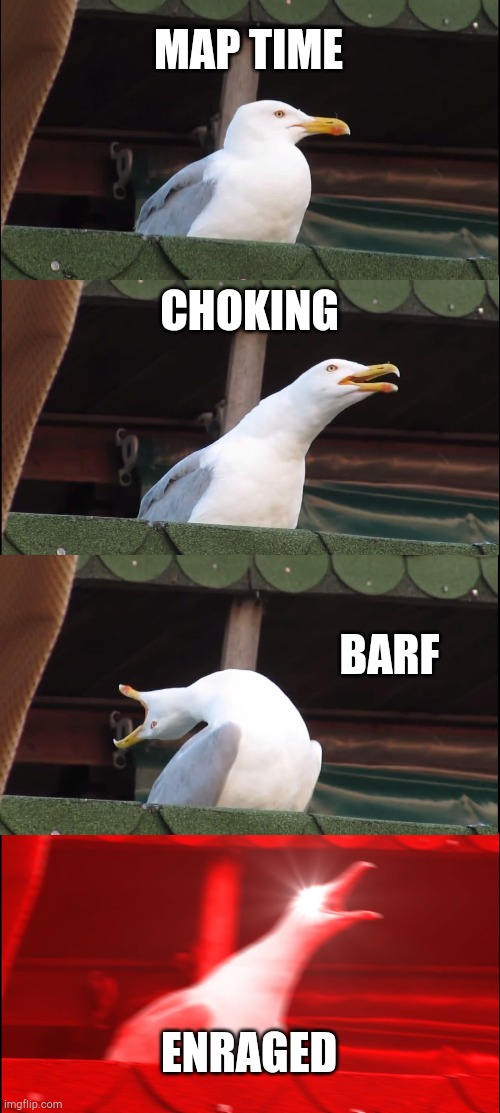 Inhaling Seagull Meme | MAP TIME; CHOKING; BARF; ENRAGED | image tagged in memes,inhaling seagull | made w/ Imgflip meme maker