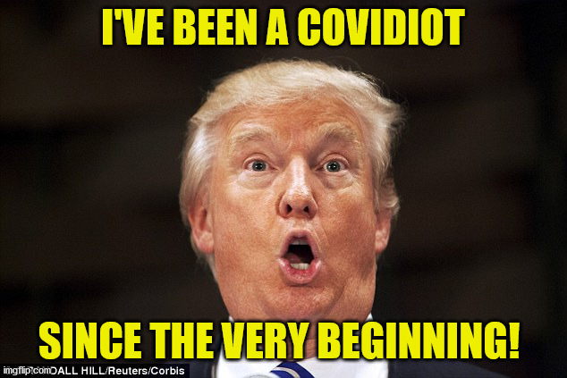 Trump stupid face | I'VE BEEN A COVIDIOT; SINCE THE VERY BEGINNING! | image tagged in trump stupid face | made w/ Imgflip meme maker