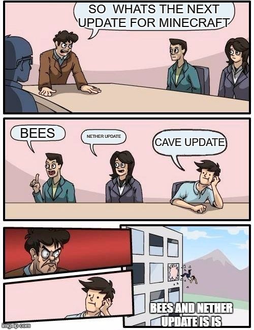 Boardroom Meeting Suggestion | SO  WHATS THE NEXT UPDATE FOR MINECRAFT; BEES; NETHER UPDATE; CAVE UPDATE; BEES AND NETHER UPDATE IS IS | image tagged in memes,boardroom meeting suggestion | made w/ Imgflip meme maker