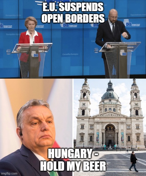 E.U. SUSPENDS OPEN BORDERS; HUNGARY - HOLD MY BEER | image tagged in eu,coronavirus,hungary | made w/ Imgflip meme maker