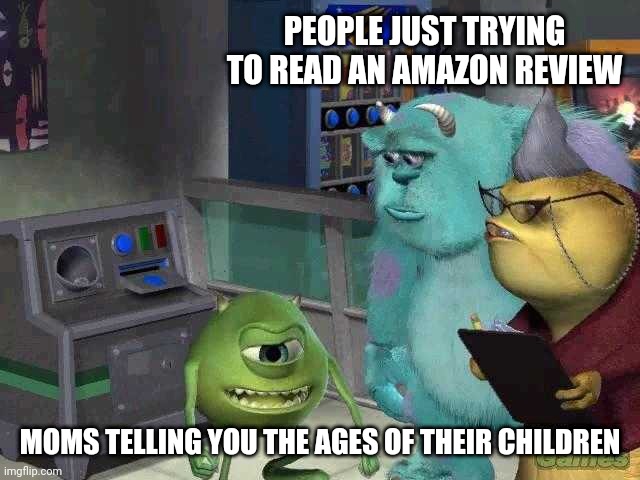 Mike wazowski trying to explain | PEOPLE JUST TRYING TO READ AN AMAZON REVIEW; MOMS TELLING YOU THE AGES OF THEIR CHILDREN | image tagged in mike wazowski trying to explain | made w/ Imgflip meme maker