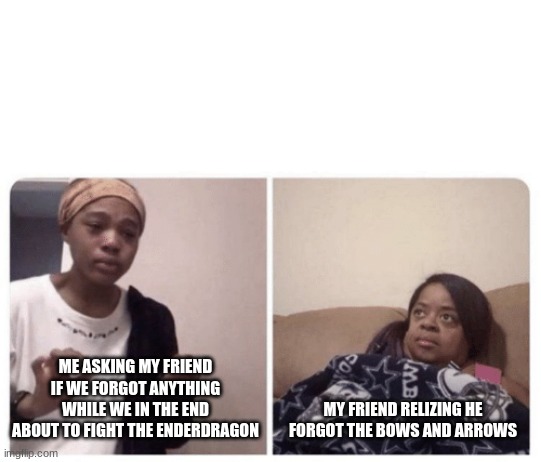 Me explaining why | MY FRIEND RELIZING HE FORGOT THE BOWS AND ARROWS; ME ASKING MY FRIEND IF WE FORGOT ANYTHING WHILE WE IN THE END ABOUT TO FIGHT THE ENDERDRAGON | image tagged in me explaining why | made w/ Imgflip meme maker