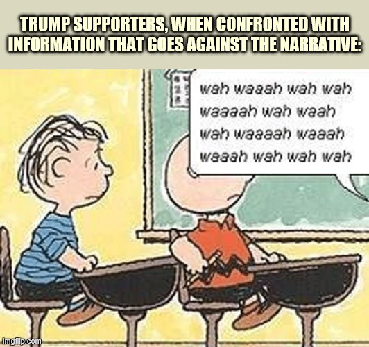 Many of them simply can't process information from outside the right-wing mediaverse | TRUMP SUPPORTERS, WHEN CONFRONTED WITH INFORMATION THAT GOES AGAINST THE NARRATIVE: | image tagged in charlie brown teacher,propaganda,right wing,conservatives,information,confused | made w/ Imgflip meme maker