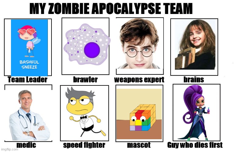 The power of Bashful Sneeze | image tagged in my zombie apocalypse team,harry potter,doctor,macrophage | made w/ Imgflip meme maker