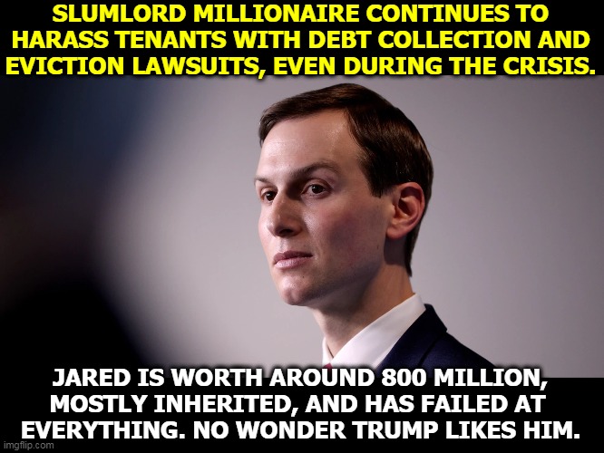 Why is he so snotty? His father did  two years in stir. He was put away by Chris Christie. | SLUMLORD MILLIONAIRE CONTINUES TO HARASS TENANTS WITH DEBT COLLECTION AND EVICTION LAWSUITS, EVEN DURING THE CRISIS. JARED IS WORTH AROUND 800 MILLION, MOSTLY INHERITED, AND HAS FAILED AT 
EVERYTHING. NO WONDER TRUMP LIKES HIM. | image tagged in jared kushner bad at everything just like trump,jared kushner,bad,cold,incompetence | made w/ Imgflip meme maker