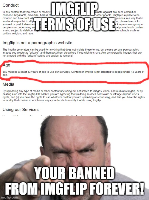 Imgflip terms of use | IMGFLIP TERMS OF USE; YOUR BANNED FROM IMGFLIP FOREVER! | image tagged in angry dad,funny,memes,so true memes,banned,imgflip | made w/ Imgflip meme maker