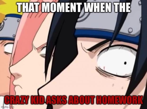 Naruto, Sasuke, and Sakura | THAT MOMENT WHEN THE; CRAZY KID ASKS ABOUT HOMEWORK | image tagged in naruto sasuke and sakura | made w/ Imgflip meme maker