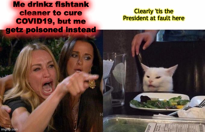 Well now, isn't that special... | Me drinkz fishtank cleaner to cure COVID19, but me getz poisoned instead; Clearly 'tis the President at fault here | image tagged in memes,woman yelling at cat | made w/ Imgflip meme maker