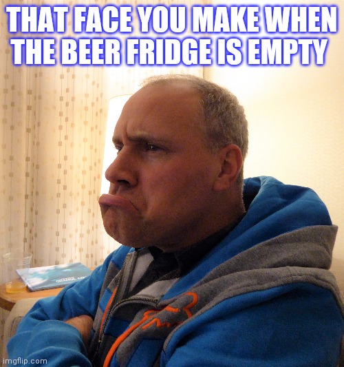 THAT FACE YOU MAKE WHEN THE BEER FRIDGE IS EMPTY | image tagged in beer,grumpy,pout,lips,pissed off,funny face | made w/ Imgflip meme maker