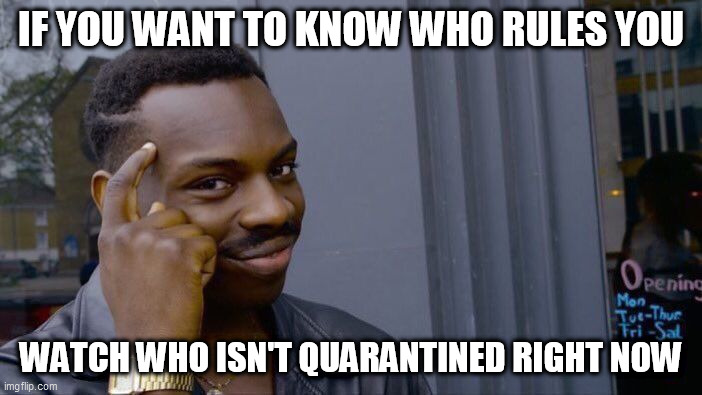 Roll Safe Think About It Meme | IF YOU WANT TO KNOW WHO RULES YOU; WATCH WHO ISN'T QUARANTINED RIGHT NOW | image tagged in memes,roll safe think about it | made w/ Imgflip meme maker