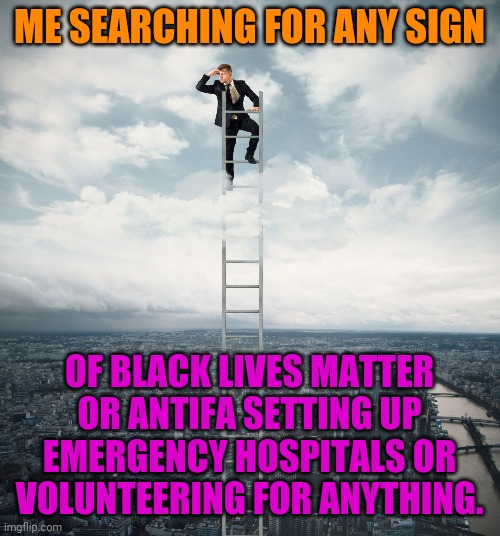 Anyone Else Notice These Groups Have Gone Missing? | ME SEARCHING FOR ANY SIGN; OF BLACK LIVES MATTER OR ANTIFA SETTING UP EMERGENCY HOSPITALS OR VOLUNTEERING FOR ANYTHING. | image tagged in searching,politics,coronavirus,black lives matter,antifa,you punks,ConservativeMemes | made w/ Imgflip meme maker