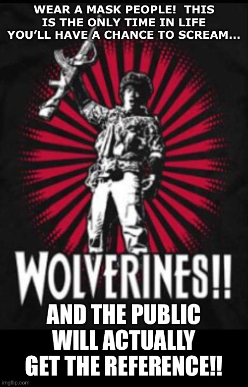 Wolverines of Red Dawn | WEAR A MASK PEOPLE!  THIS IS THE ONLY TIME IN LIFE YOU’LL HAVE A CHANCE TO SCREAM... AND THE PUBLIC WILL ACTUALLY GET THE REFERENCE!! | image tagged in wolverines of red dawn | made w/ Imgflip meme maker