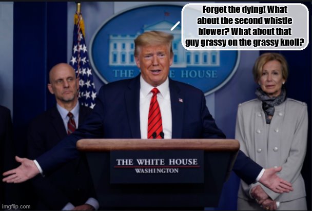 Unraveling  of a Moron | Forget the dying! What about the second whistle blower? What about that guy grassy on the grassy knoll? | image tagged in donald trump is an idiot,covid-19,coronavirus,trump is a moron | made w/ Imgflip meme maker